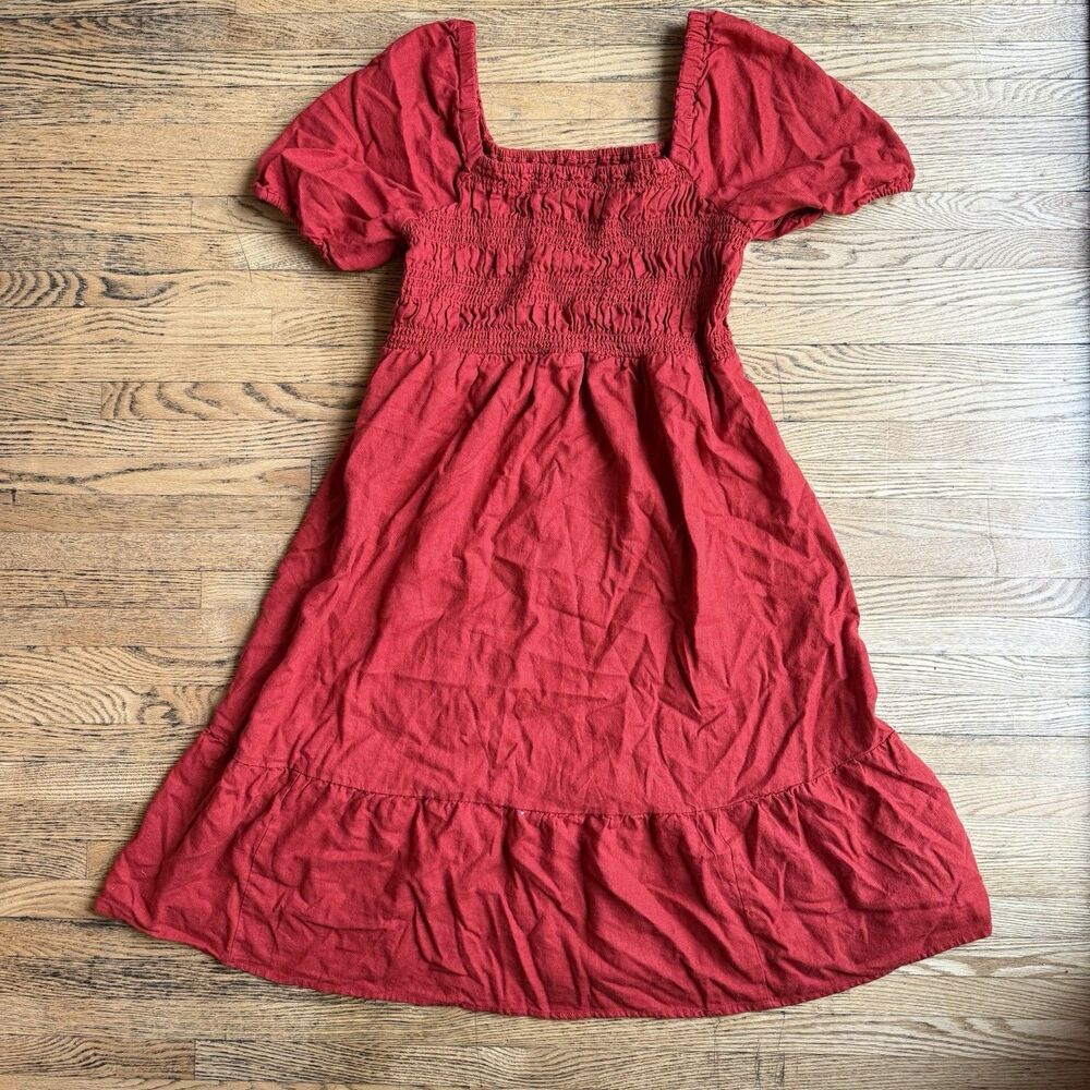 Isabel Maternity Dress Womens Medium Red Linen Smocked Puff Sleeve Knee Length